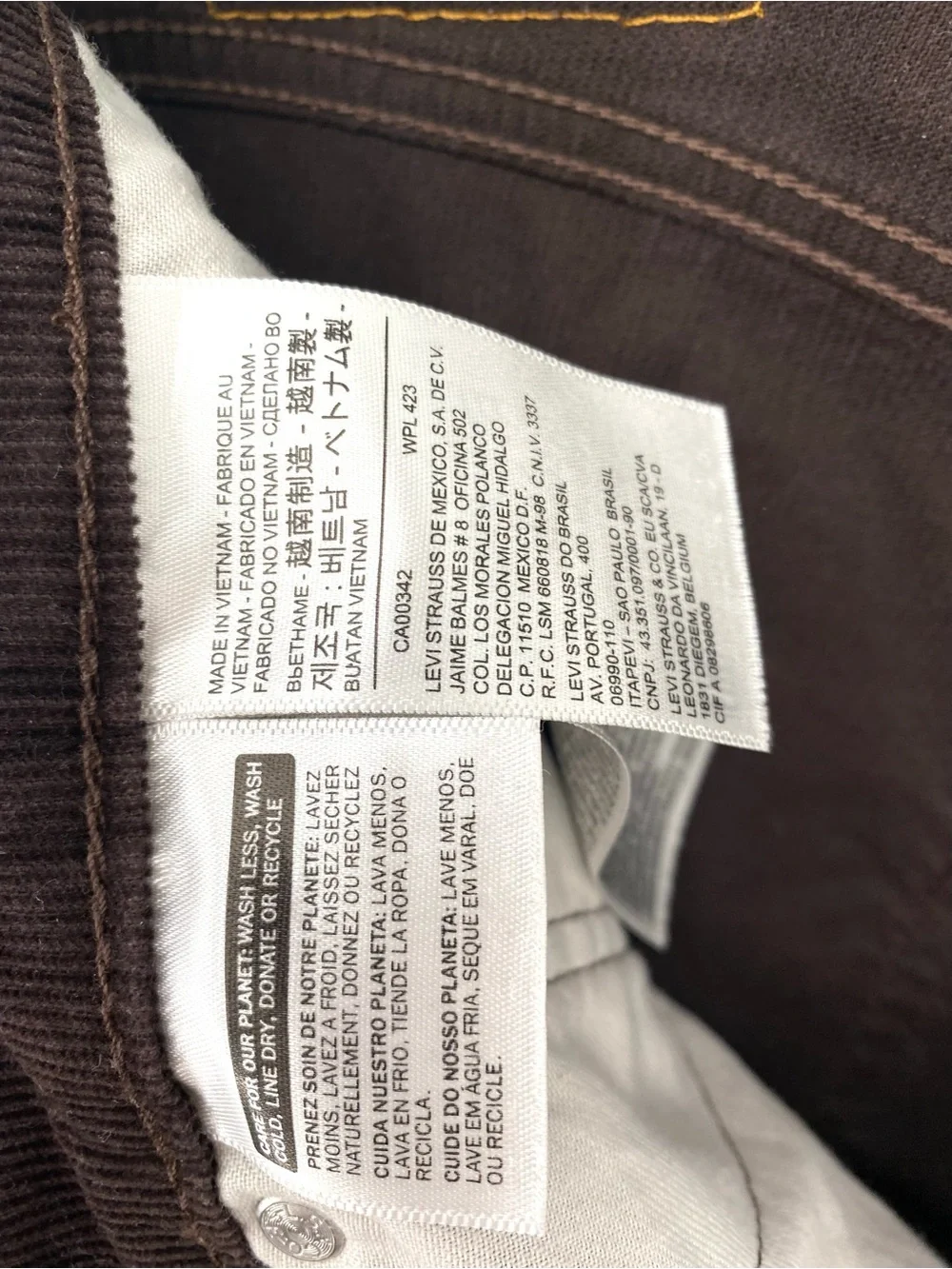 Levi's 511 Straight Stretch Brown Corduroy Chino Pants 36 x 34.